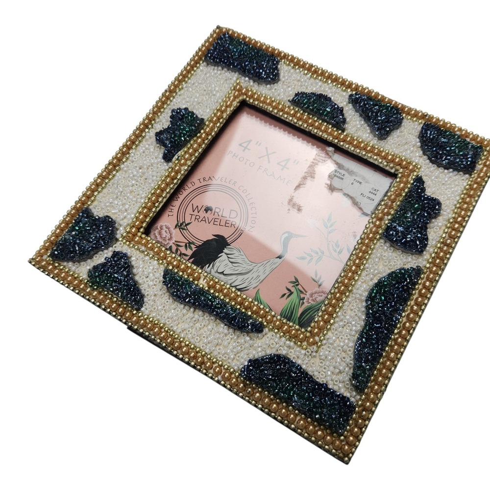 World Traveler Beaded Embellished 4x4 Photo Picture Frame Pearls